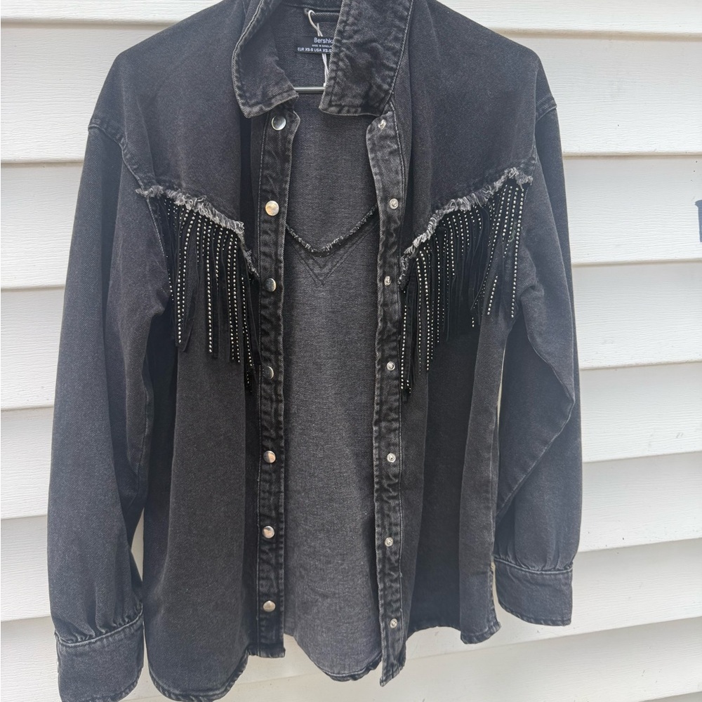 Bershka Black Jean Jacket with Fringe